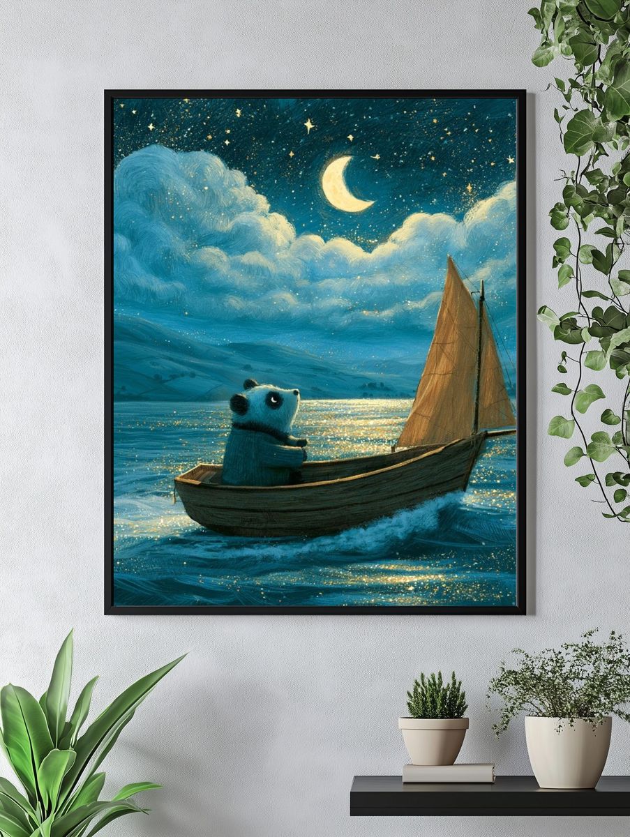 Moonlit Panda Sailboat Illustration Poster. — room view 4