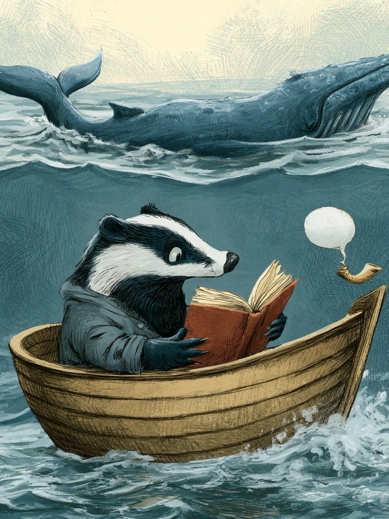 Reading Badger and Whale Illustration Poster. poster detail