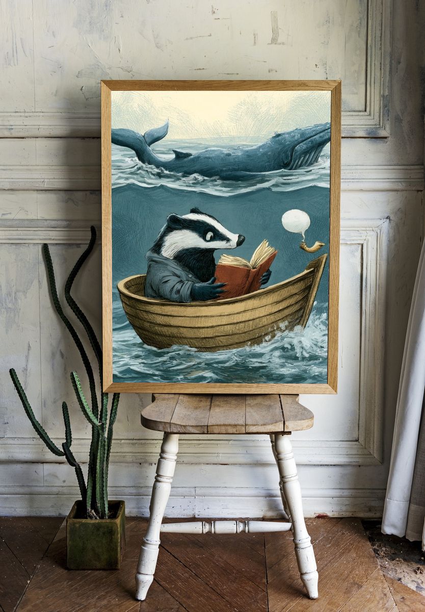 Reading Badger and Whale Illustration Poster. room preview