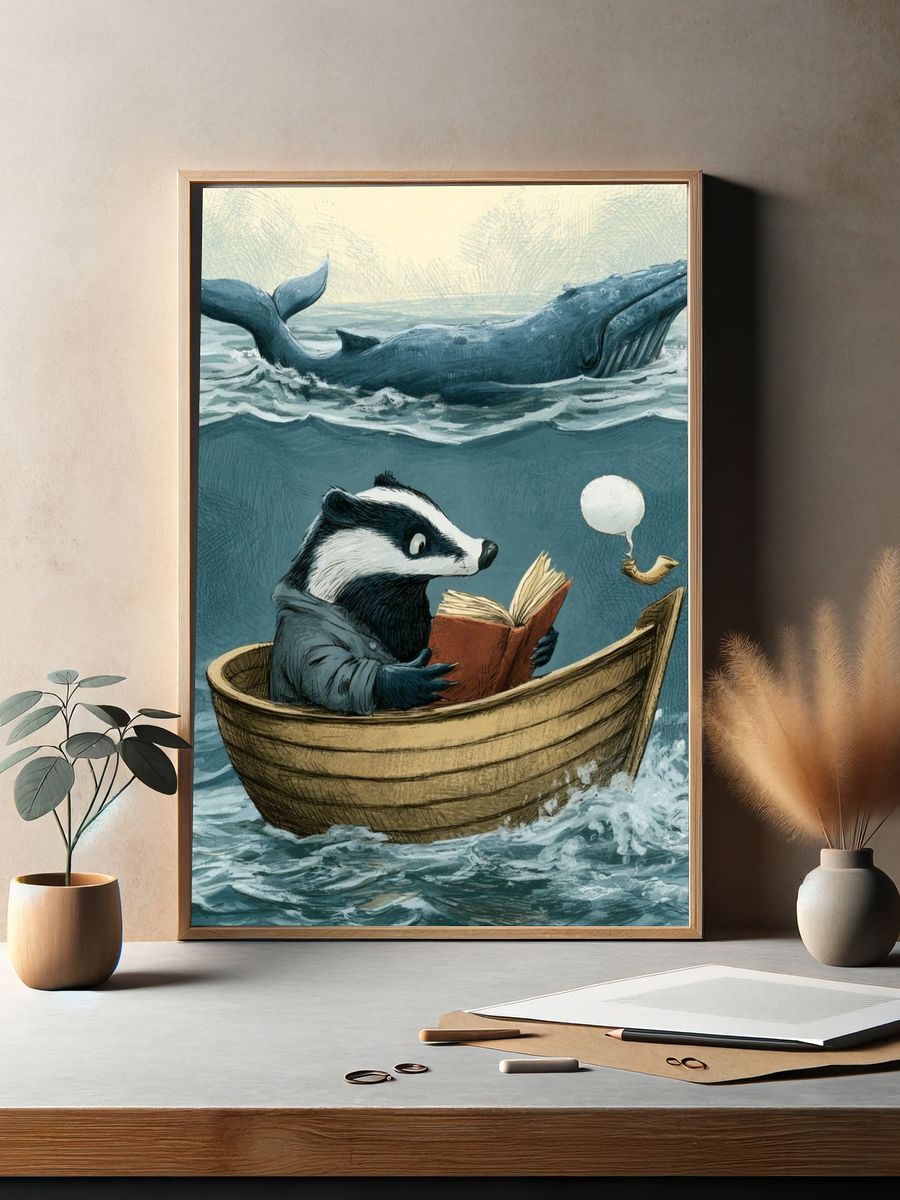 Reading Badger and Whale Illustration Poster. — room view 2