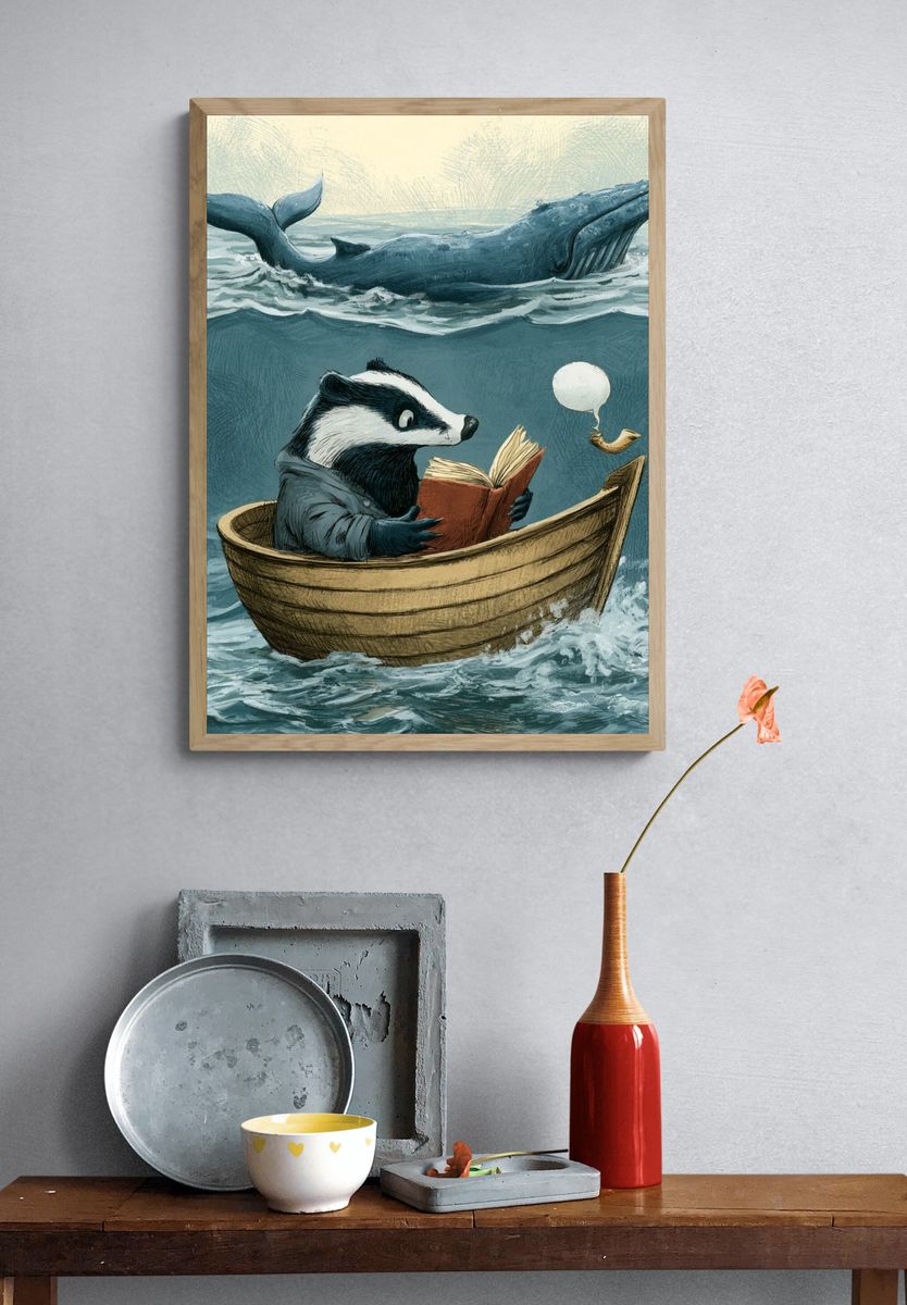 Reading Badger and Whale Illustration Poster. — room view 3