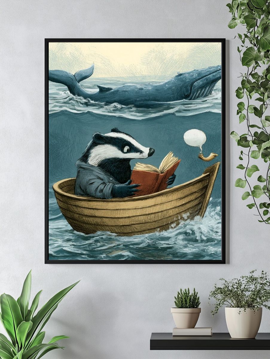 Reading Badger and Whale Illustration Poster. — room view 4