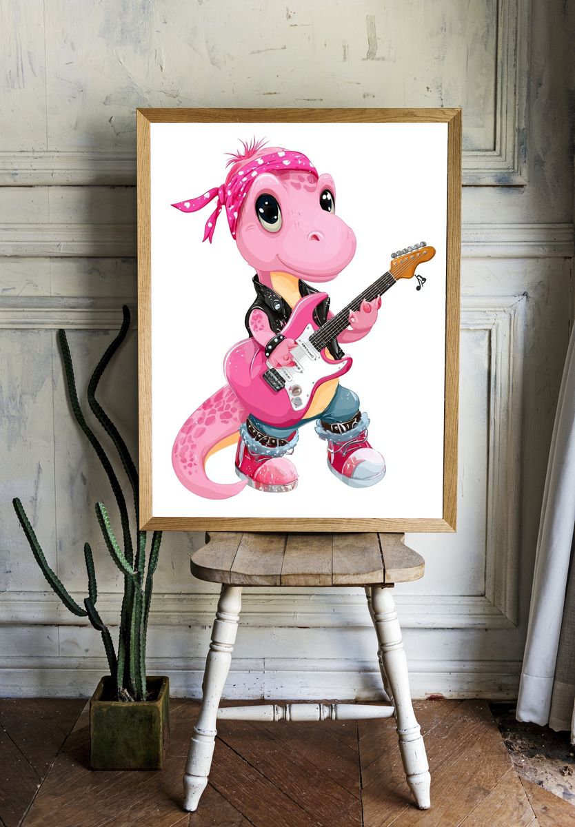 Pink Dino Guitar Cartoon Print. — room view 1
