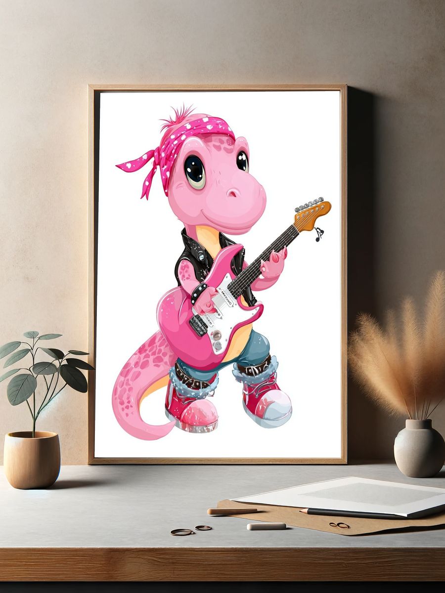 Pink Dino Guitar Cartoon Print. — room view 2