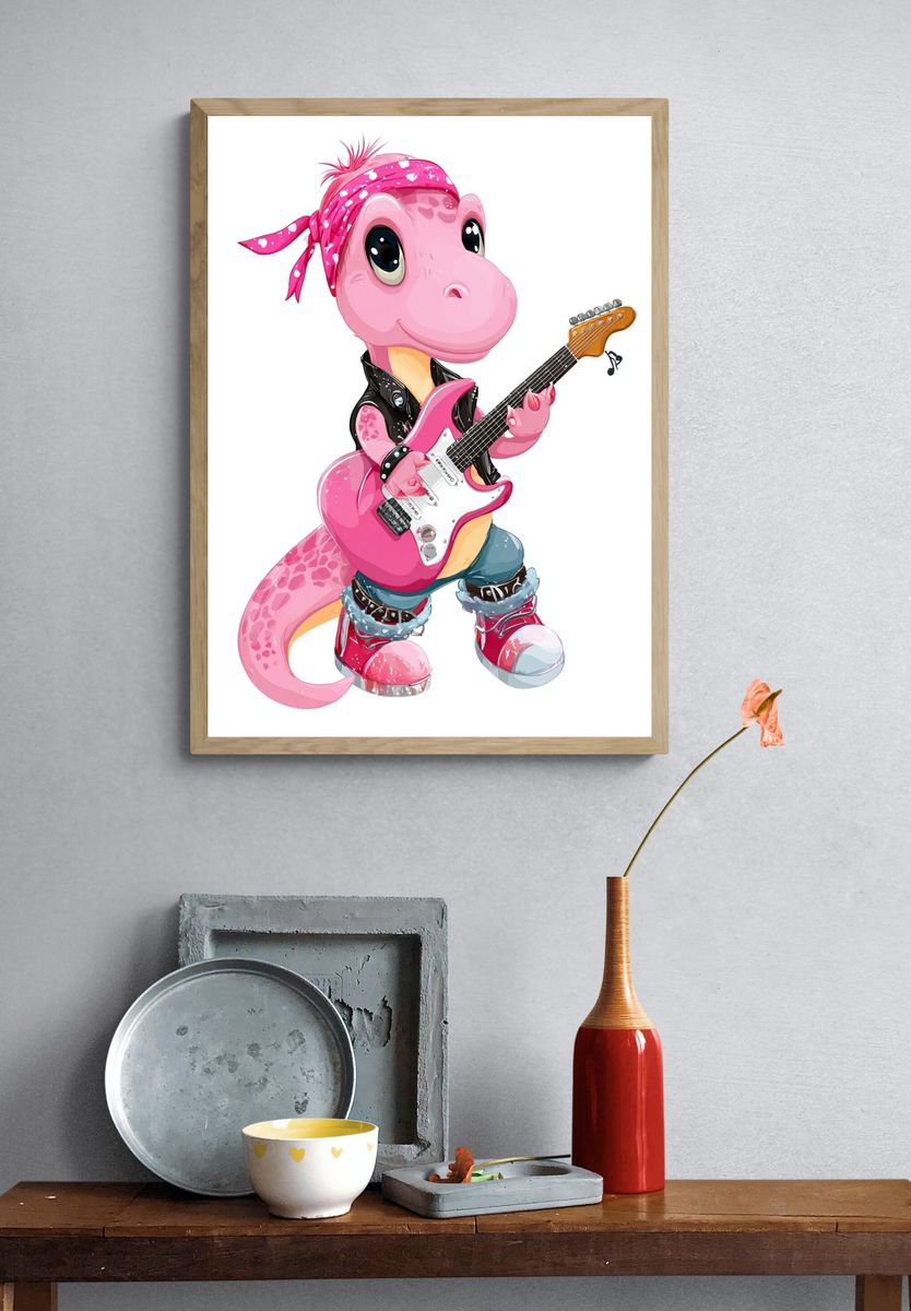 Pink Dino Guitar Cartoon Print. — room view 3
