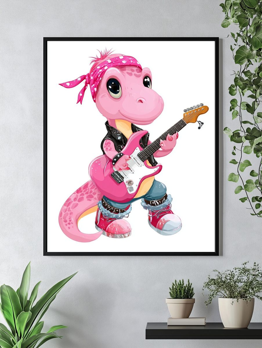 Pink Dino Guitar Cartoon Print. — room view 4