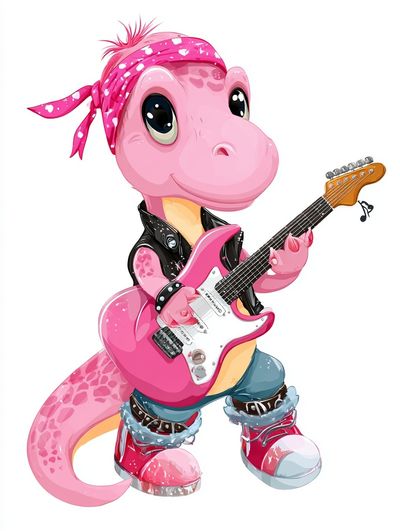 Pink Dino Guitar Cartoon Print. poster