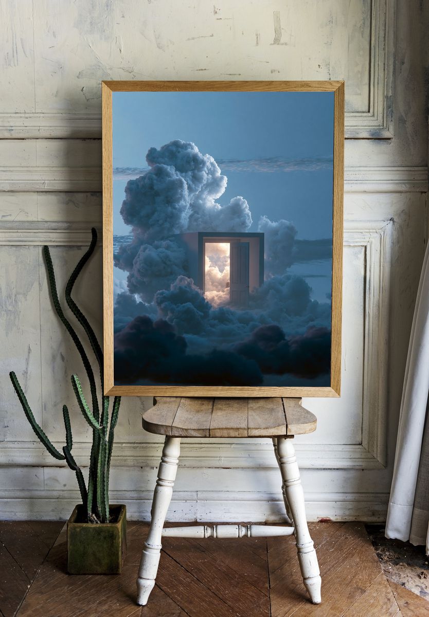Cloud Door Surrealism Print. room preview