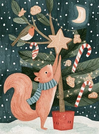 Christmas Squirrel Watercolor Poster.