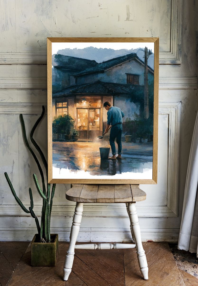 Rainy Evening House Watercolor Poster. room preview