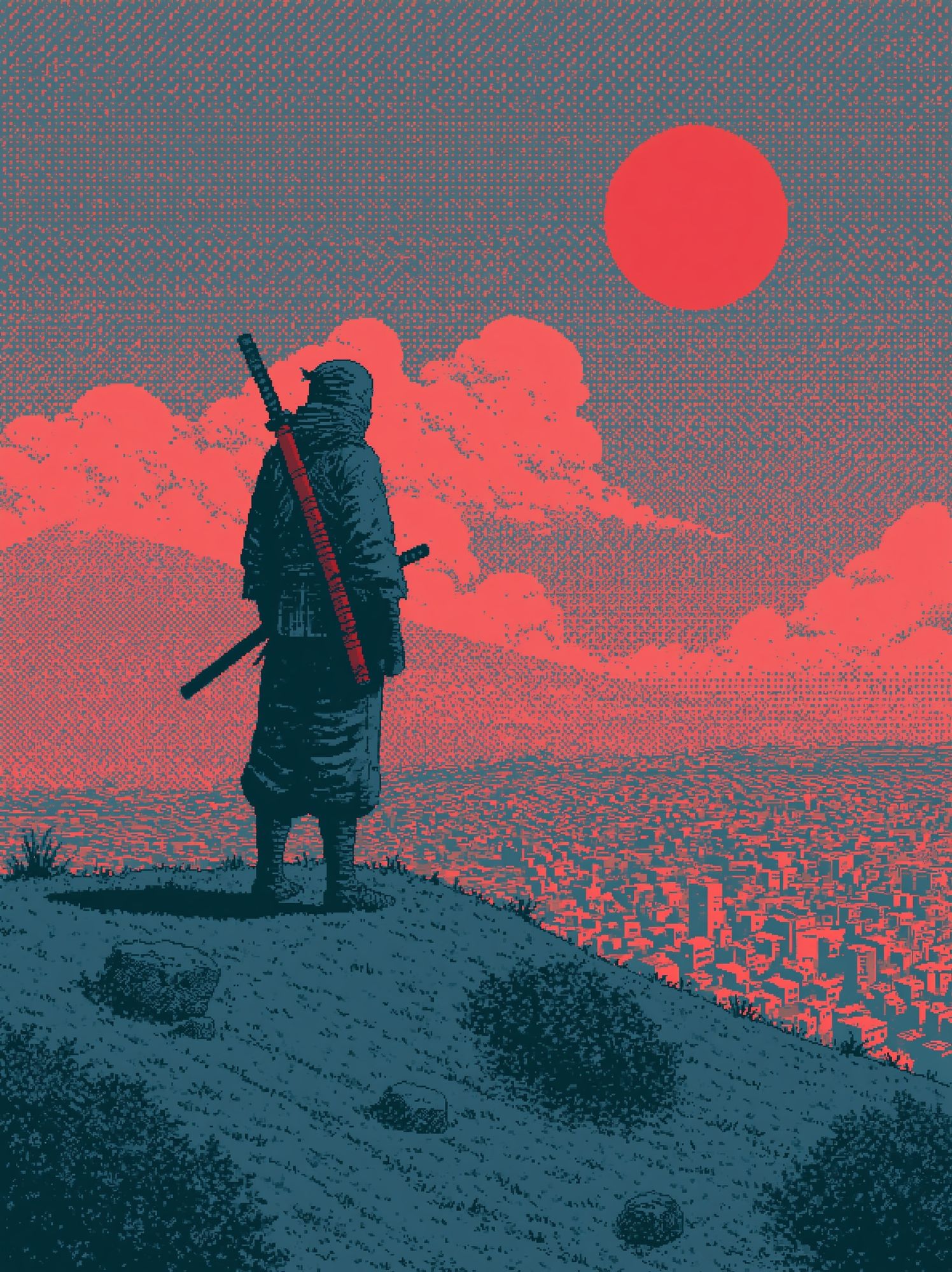 Samurai Sunset Cityscape Illustration Poster. poster detail