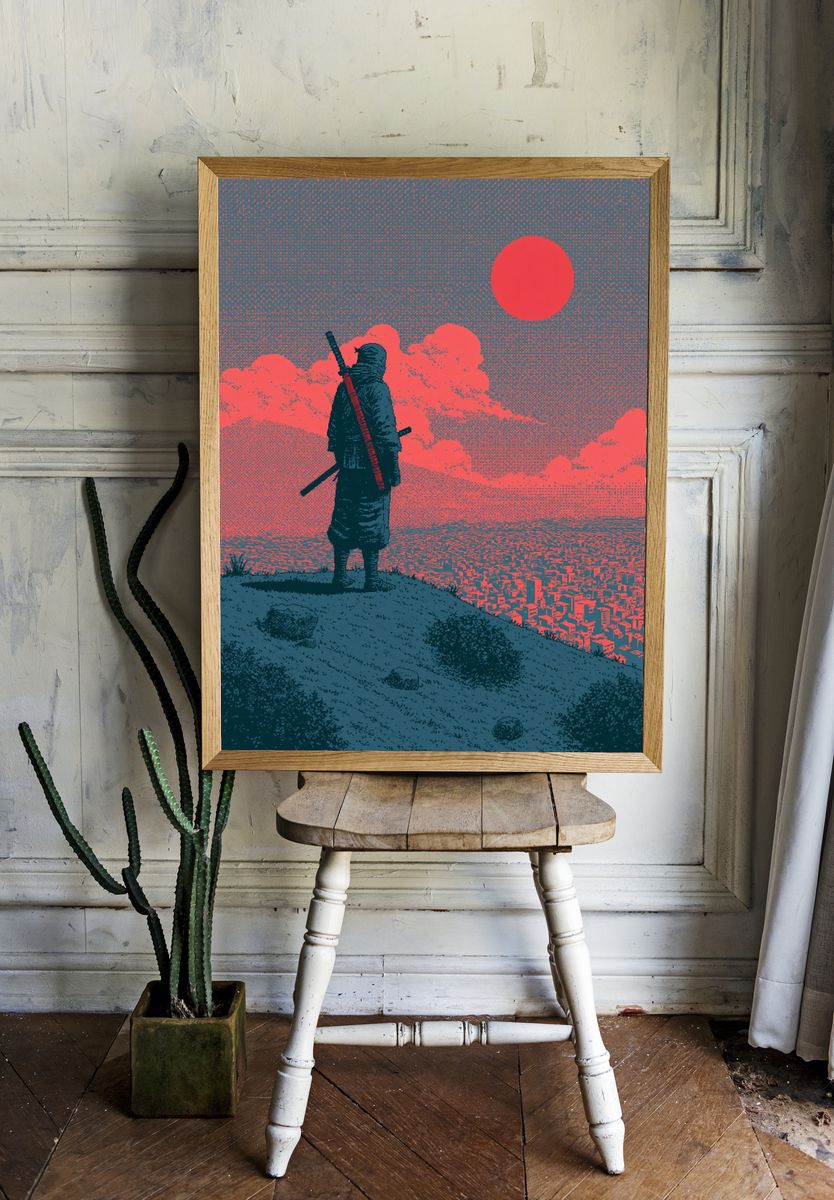 Samurai Sunset Cityscape Illustration Poster. room preview