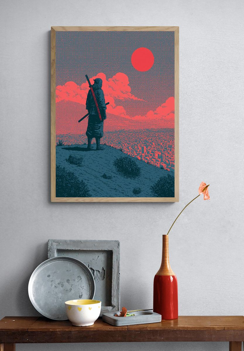 Samurai Sunset Cityscape Illustration Poster. — room view 3