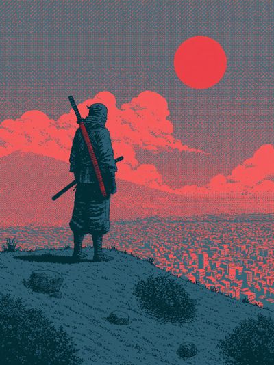 Samurai Sunset Cityscape Illustration Poster.