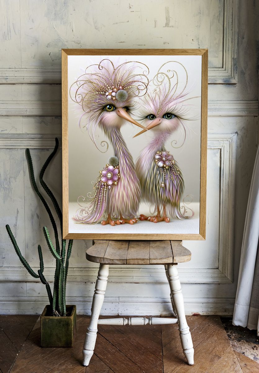 Whimsical Bird Duo Illustration Poster. — room view 1