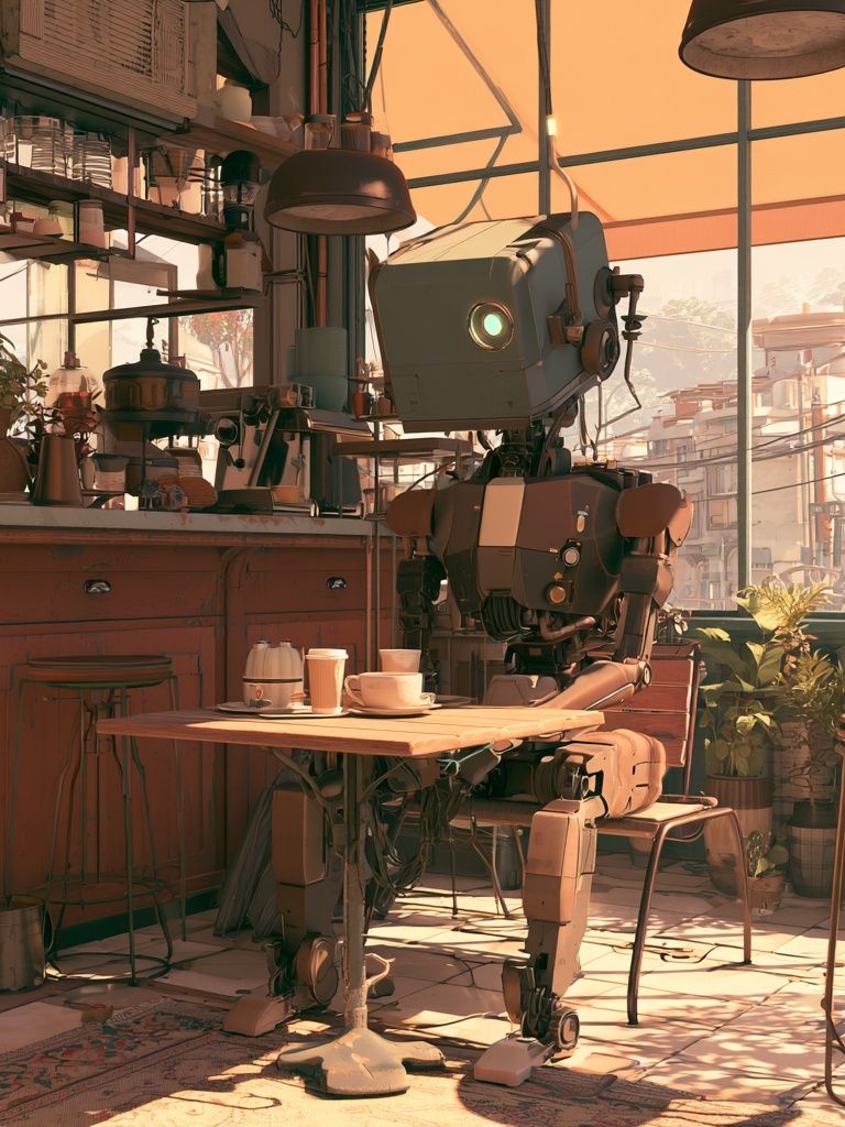 Robot Café Interior Illustration Poster. poster — illustration art