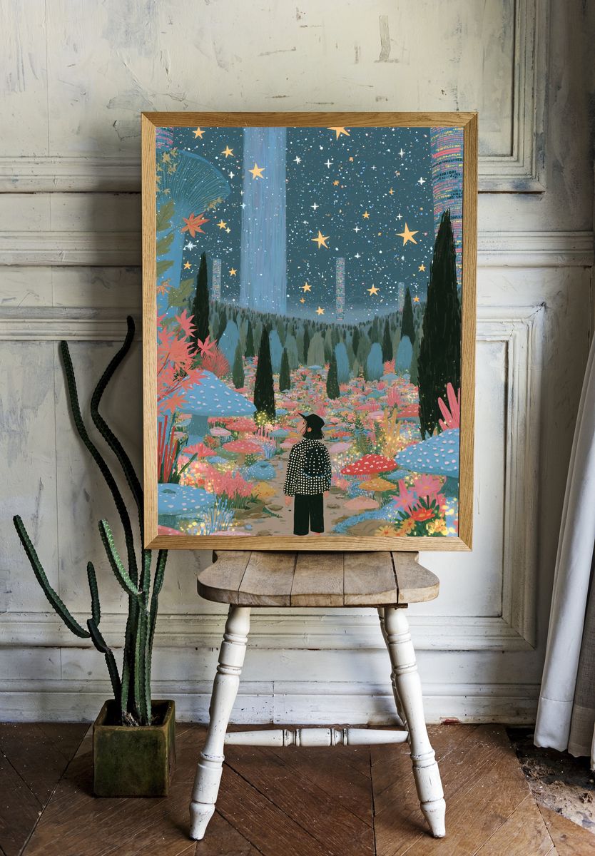 Starry Mushroom Garden Illustration Poster. room preview