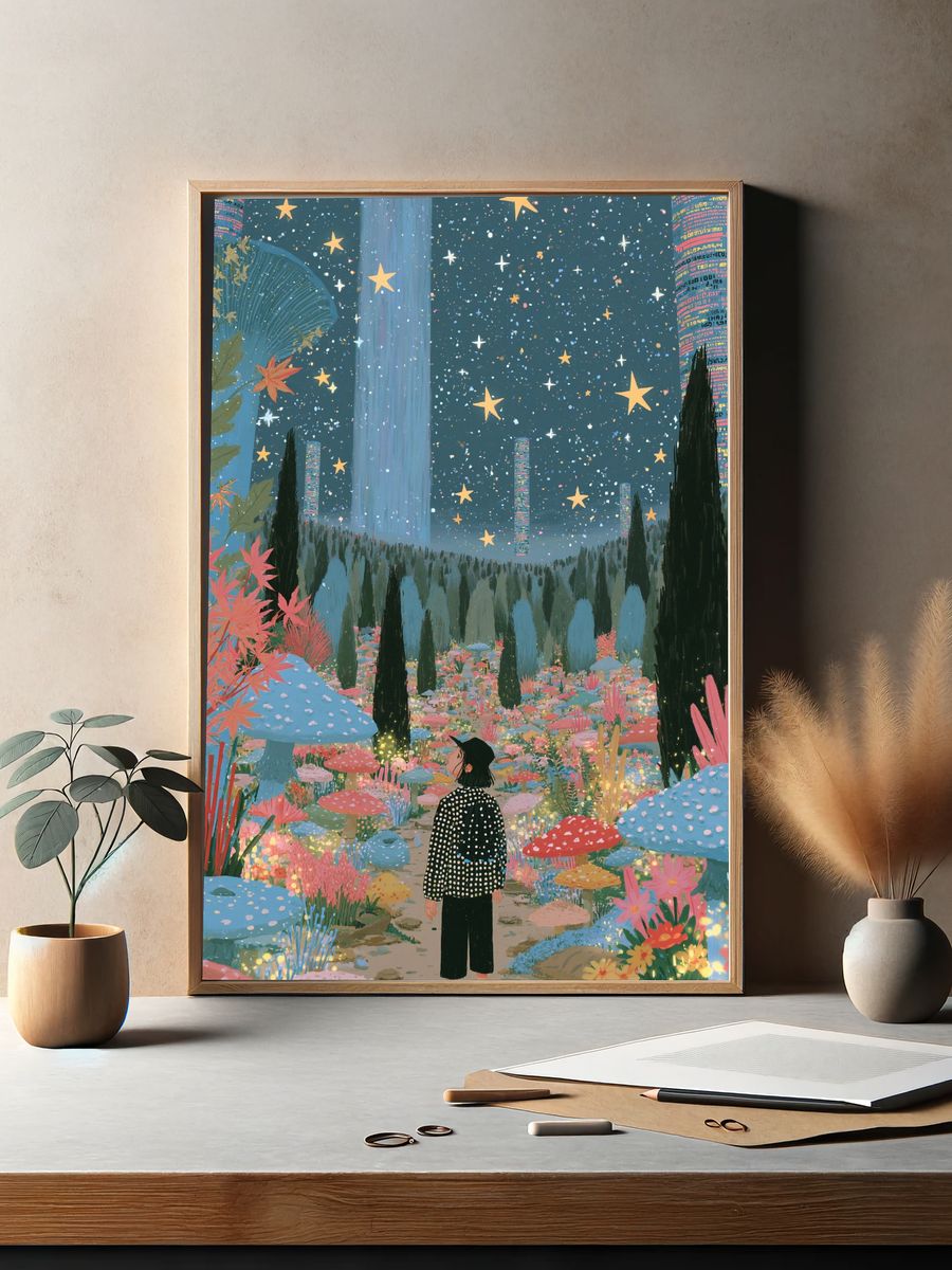 Starry Mushroom Garden Illustration Poster. — room view 2