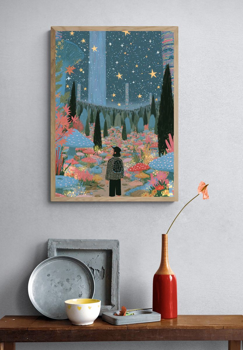 Starry Mushroom Garden Illustration Poster. — room view 3