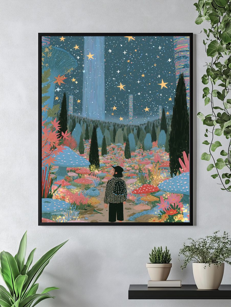 Starry Mushroom Garden Illustration Poster. — room view 4