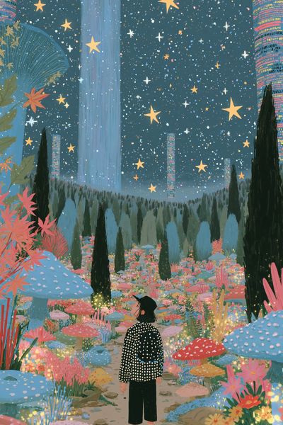 Starry Mushroom Garden Illustration Poster. poster