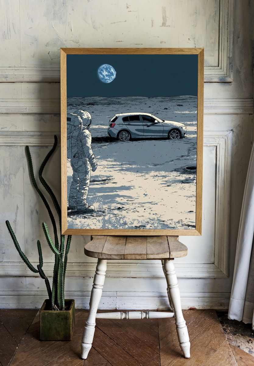 Lunar Astronaut and Car Illustration Poster. — room view 1