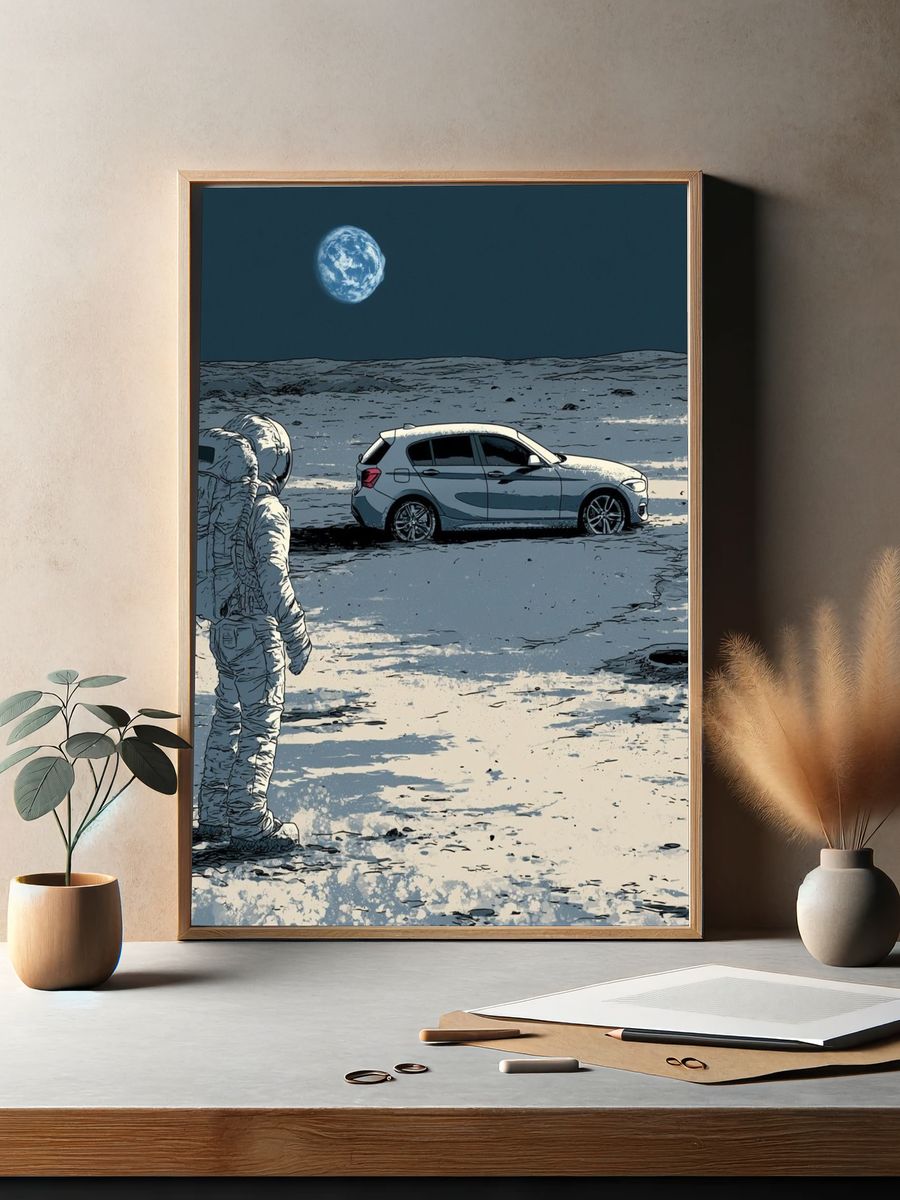 Lunar Astronaut and Car Illustration Poster. — room view 2