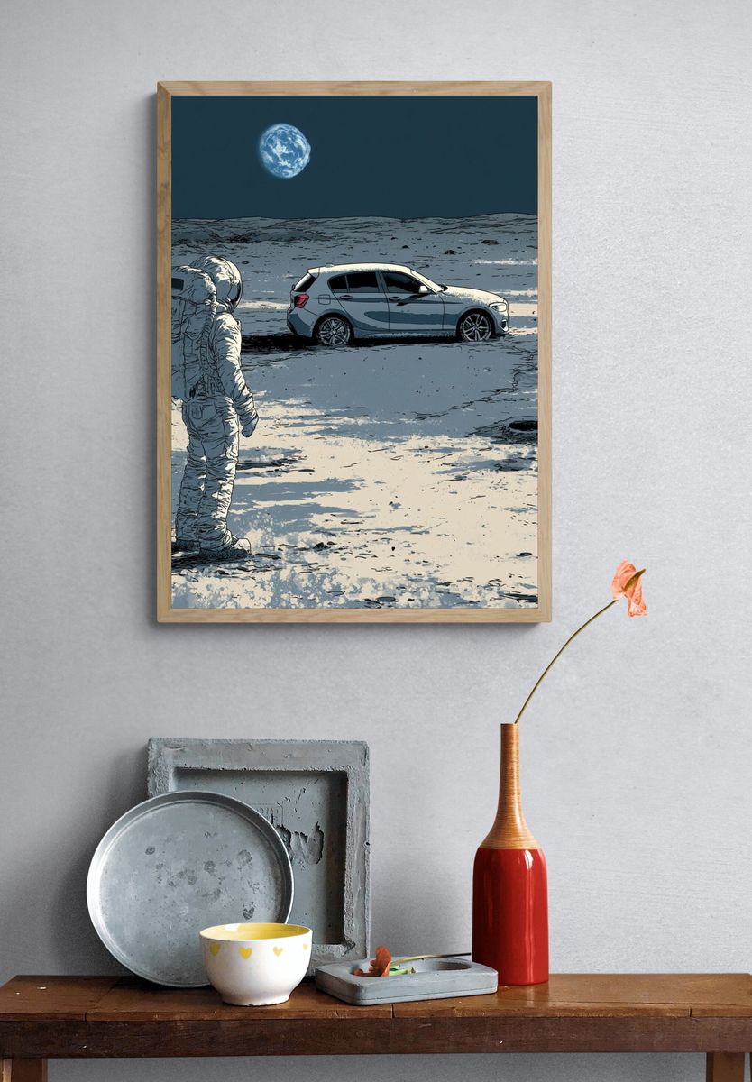 Lunar Astronaut and Car Illustration Poster. — room view 3