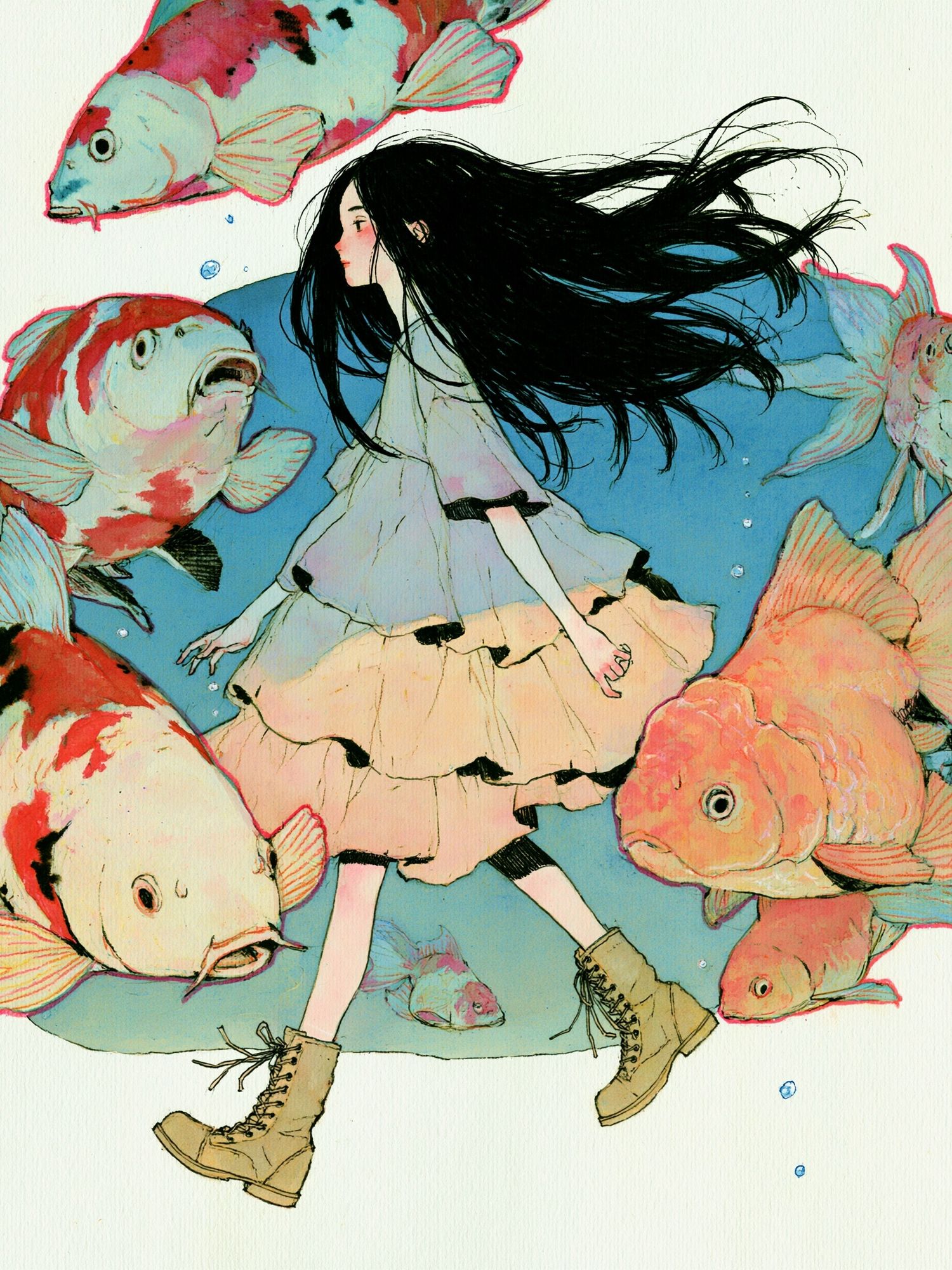 Girl and Koi Fish Illustration Poster. poster — illustration art