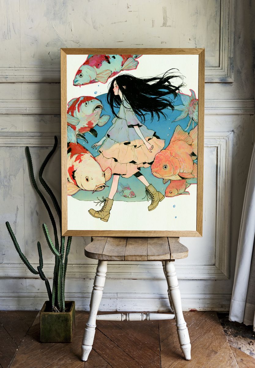 Girl and Koi Fish Illustration Poster. room preview