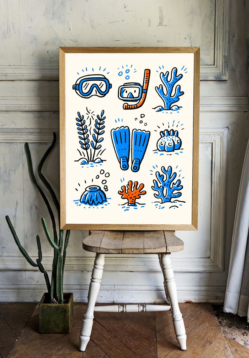 Snorkeling Doodles Illustration Poster. — room view 1