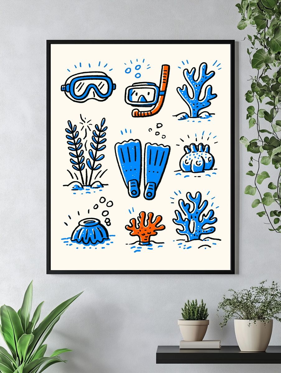 Snorkeling Doodles Illustration Poster. — room view 4