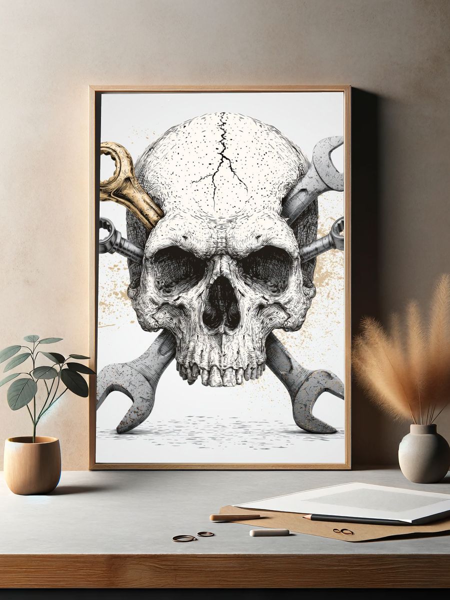 Skull and Wrenches Illustration Poster. — room view 2