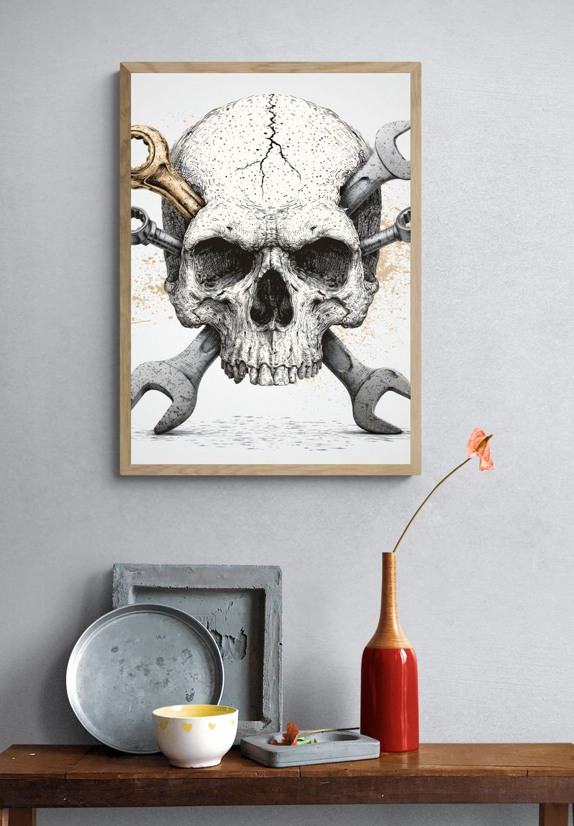 Skull and Wrenches Illustration Poster. — room view 3