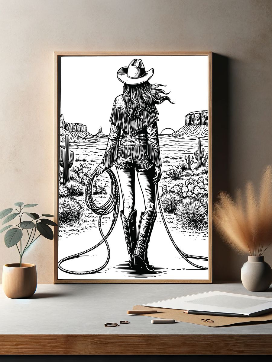 Cowgirl Desert Line Art Poster. — room view 2