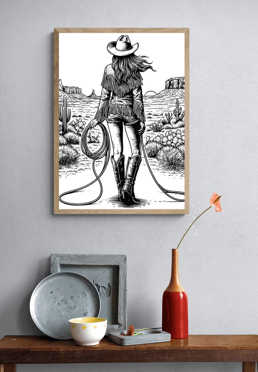 Cowgirl Desert Line Art Poster. — room view 3