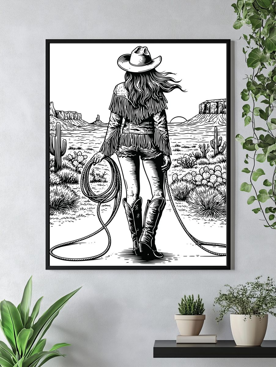 Cowgirl Desert Line Art Poster. — room view 4