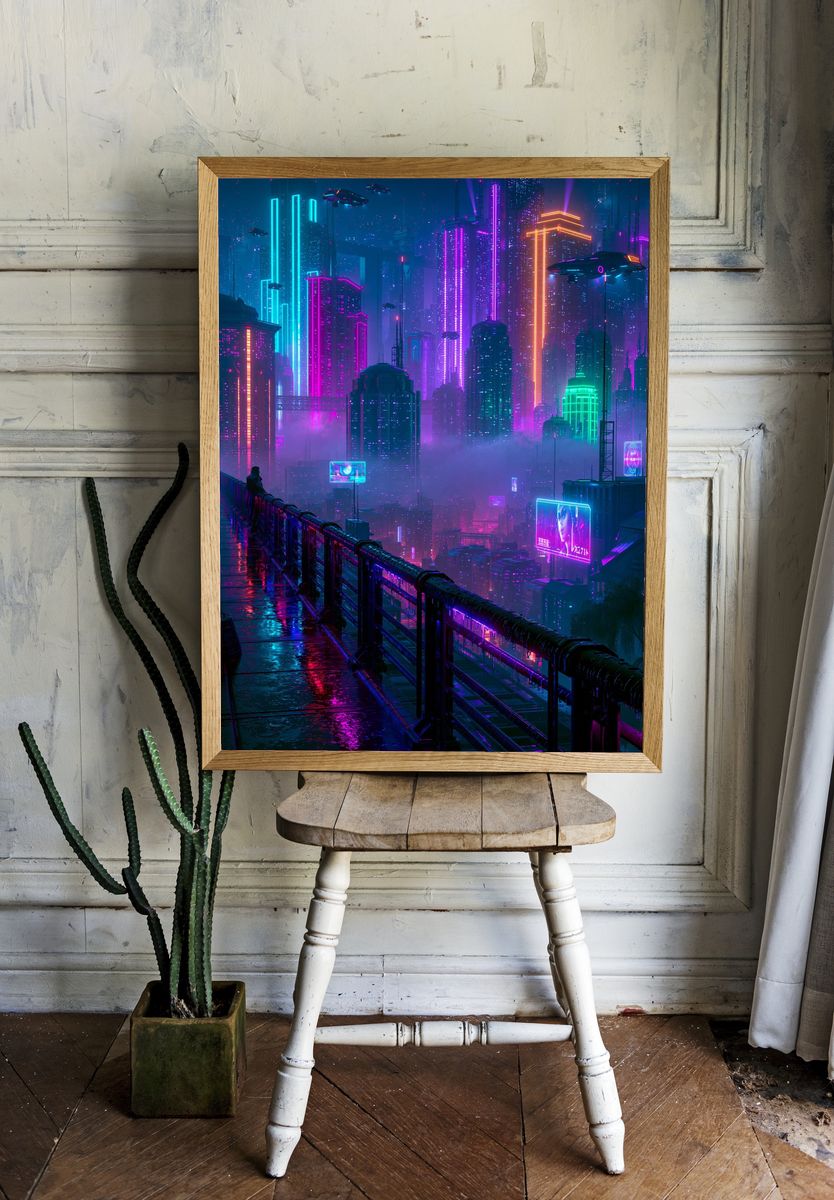Neon Cyberpunk Cityscape Poster. room preview