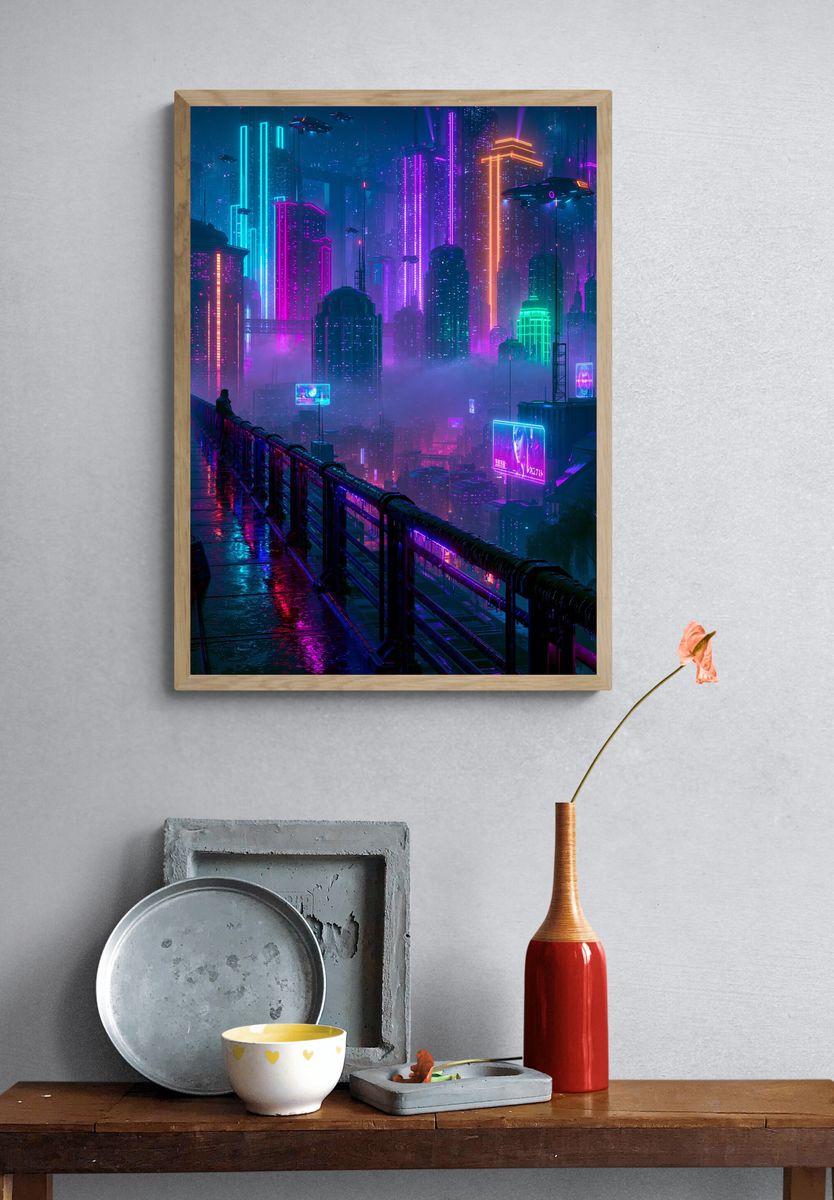 Neon Cyberpunk Cityscape Poster. — room view 3