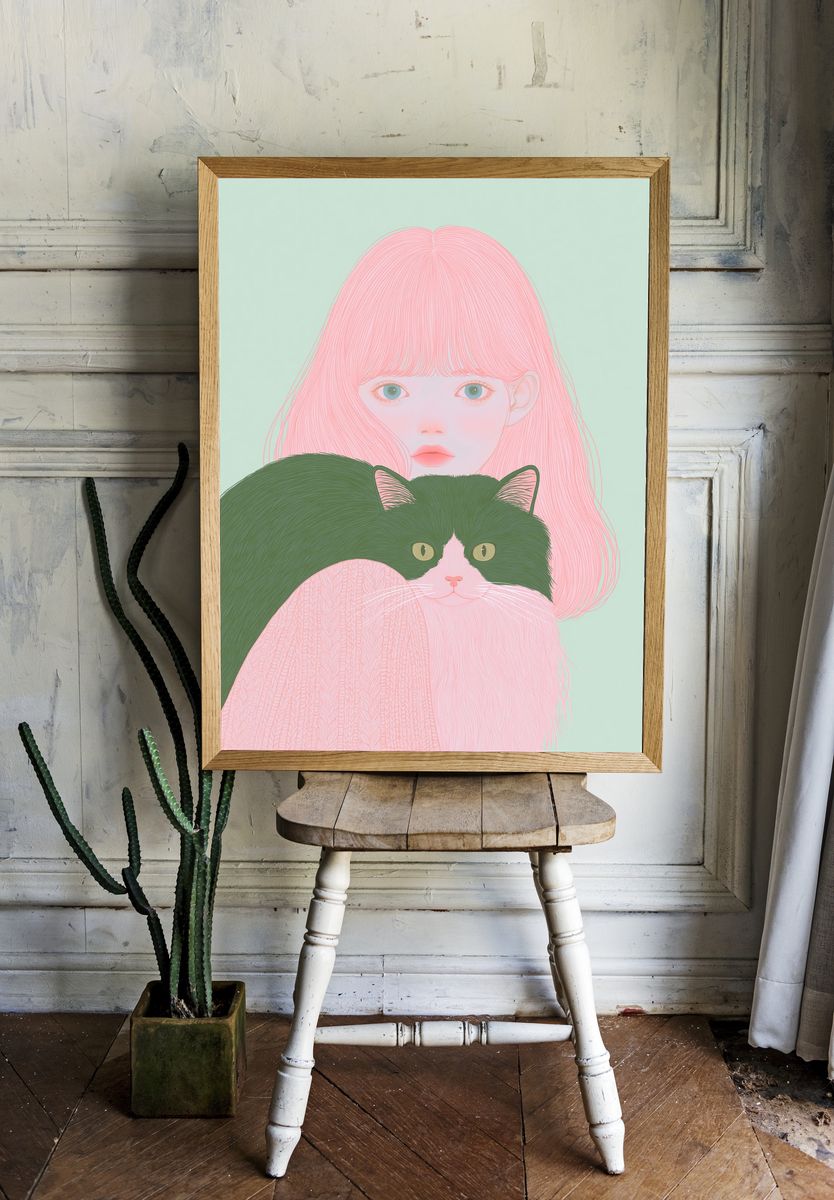 Pastel Girl and Cat Illustration Poster. — room view 1