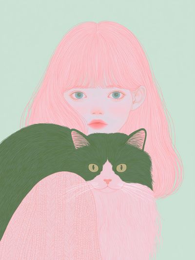 Pastel Girl and Cat Illustration Poster. poster