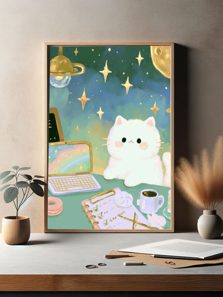 Kawaii Space Cat Illustration Poster. — room view 2