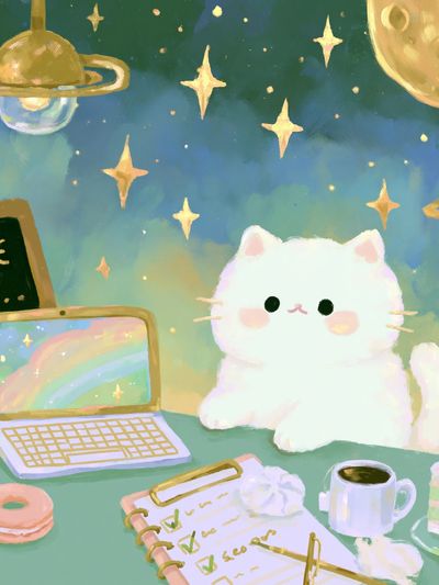 Kawaii Space Cat Illustration Poster.