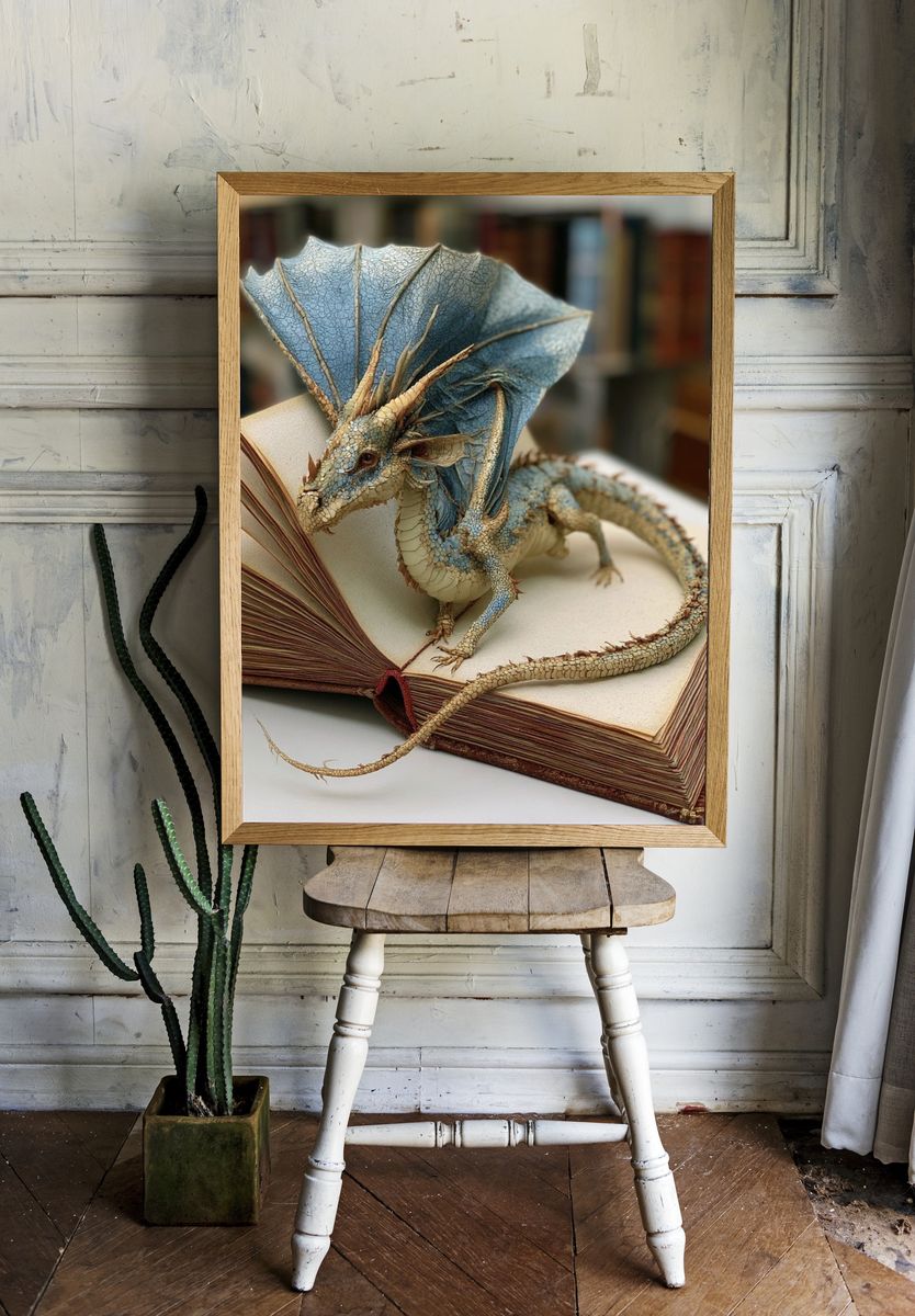Dragon on Book Fantasy Illustration Poster. — room view 1