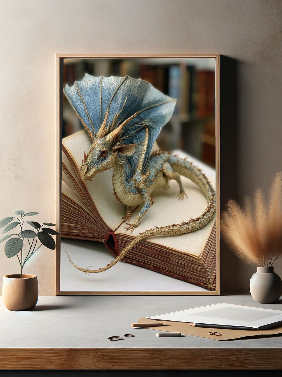 Dragon on Book Fantasy Illustration Poster. — room view 2
