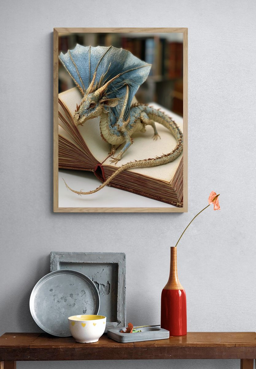 Dragon on Book Fantasy Illustration Poster. — room view 3