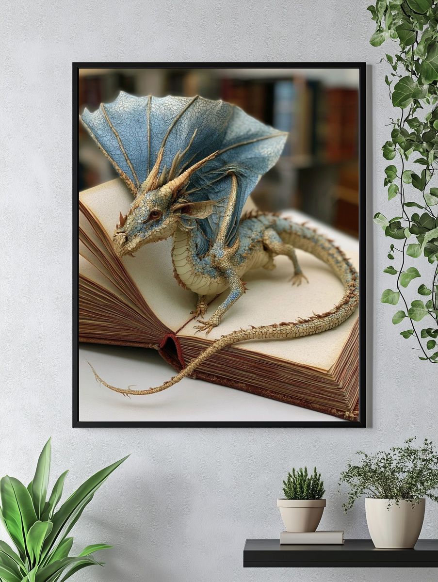 Dragon on Book Fantasy Illustration Poster. — room view 4