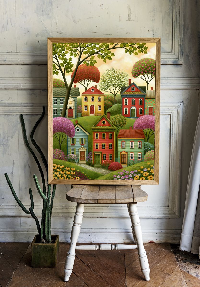 Whimsical Village Houses Illustration Poster. — room view 1