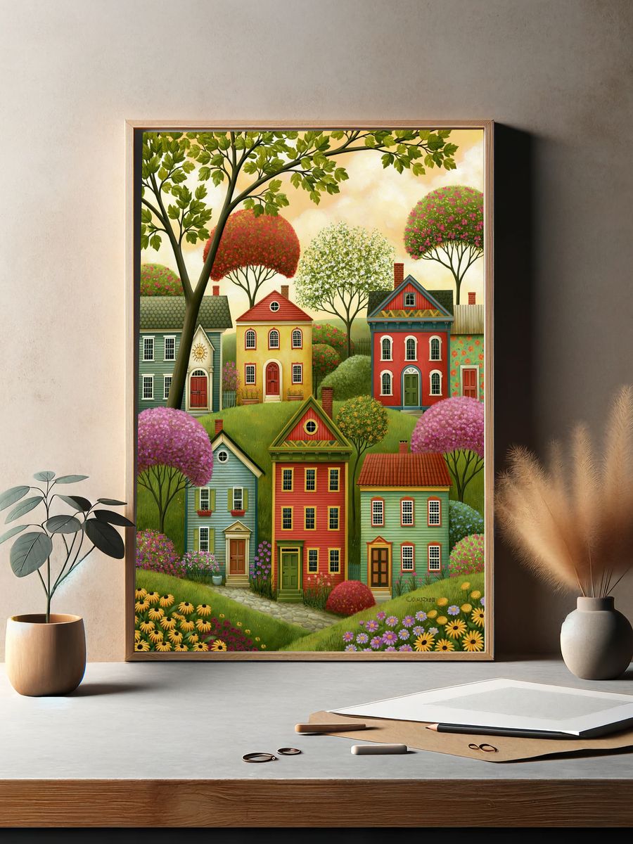 Whimsical Village Houses Illustration Poster. — room view 2