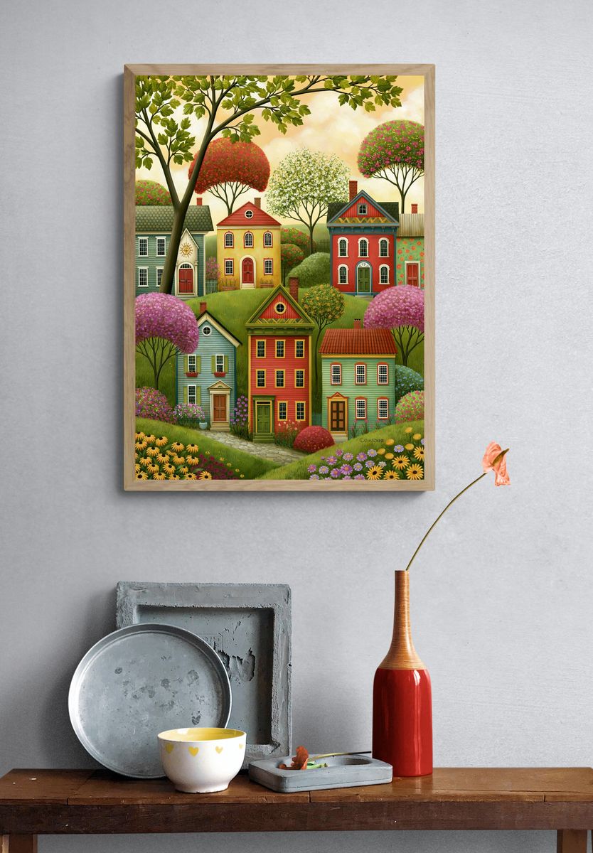 Whimsical Village Houses Illustration Poster. — room view 3